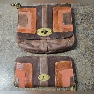 Fossil Brown,orange and Pink Leather and Suede Purse and Wallet Set